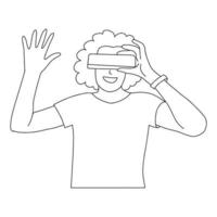 mulher feliz afro-americana em óculos de realidade virtual. vr tecnologia desenho de linha de contorno preto e branco de menina em realidade aumentada digital. personagem simples minimalista do metaverso vetor