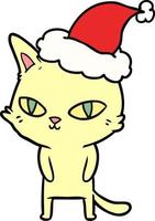 desenho de linha de um gato com olhos brilhantes usando chapéu de papai noel vetor