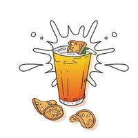 suco de bael, frutas aromáticas com respingo atrás e bael seco. mão desenhada ilustração vetorial isolada no fundo branco. vetor