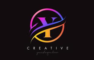 logotipo criativo da letra y com cores laranja roxas e vetor de design de corte circular swoosh