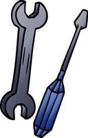 doodle de desenho animado gradiente de uma chave inglesa e uma chave de fenda vetor
