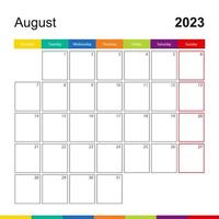 calendário de parede colorido de agosto de 2023, a semana começa na segunda-feira. vetor