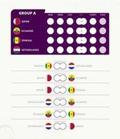 grupo um placar do torneio mundial de futebol 2022. todos os jogos do calendário de partidas. vetor