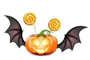 personagem de abóbora de halloween engraçado laranja dos desenhos animados com asas de morcego preto, cara assustadora e dois pirulitos. conceito de gostosuras ou travessuras vetor