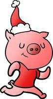 desenho animado gradiente feliz de um porco correndo usando chapéu de papai noel vetor