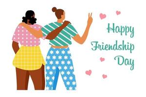 duas meninas de nacionalidade diferente, abraço e texto feliz dia da amizade. ilustração, cartão de férias, vetor