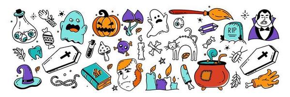 grande conjunto de elementos de halloween doodle estilo vector design ilustração isolado no fundo branco