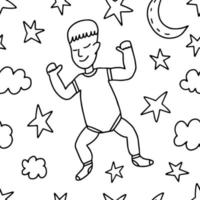 mão desenhada bebê dormindo sem costura padrão. doodle vector criança dormindo com nuvens e estrelas