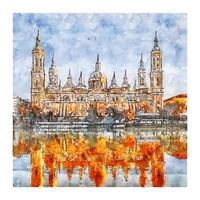 zaragoza espanha esboço em aquarela ilustração desenhada à mão vetor