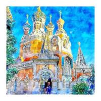 a catedral ortodoxa de são nicolau frança esboço em aquarela ilustração desenhada à mão vetor