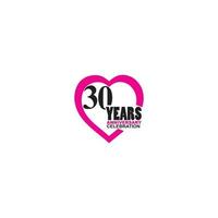 logotipo simples de comemoração de 30 anos com design de coração vetor