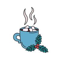 caneca de chocolate quente com marshmallows e folhas de azevinho. bebida de cacau doce isolada. feriado de natal e símbolo de noite aconchegante de inverno. ilustração vetorial doodle vetor