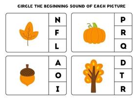 planilha para crianças. encontre o som inicial dos elementos de outono. vetor