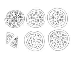 conjunto de pizza desenhado à mão em estilo doodle. ícone, adesivo, menu vetor