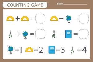 contando jogo com material escolar. planilha pré-escolar, planilha de atividades para crianças, planilha para impressão vetor