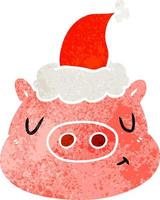 desenho retrô de uma cara de porco usando chapéu de papai noel vetor