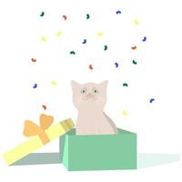 gatinho pequeno senta-se em uma caixa e olha confete multicolorido vetor