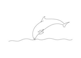 desenho de linha contínua de golfinho com o oceano. arte do minimalismo. vetor