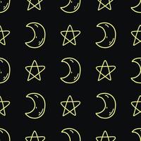 sem costura padrão com doodle lua e estrelas na cor amarela neon em fundo preto. ilustração vetorial de luminares celestes para web e design têxtil, papel de embrulho, cartão, impressão vetor