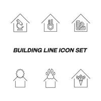 edifício como estabelecimento ou instalação. conjunto de ícones de linha incluindo ícones de casas, clínicas, oficinas, estúdios, lojas, café, laboratório. símbolos de engrenagem, pata, microscópio, forro, flores perto de casa vetor