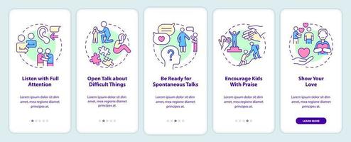 tela de aplicativo móvel de integração de comunicação positiva. relacionamento familiar passo a passo 5 passos páginas de instruções gráficas com conceitos lineares. ui, ux, modelo de gui. vetor