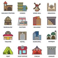 conjunto de construção de ilustração em vetor ícone logotipo. municipal, hotel, garagem, bangalô, mesquita, estação ferroviária e mais modelo de símbolo de pacote para coleção de design gráfico e web