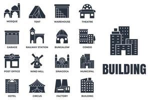 conjunto de construção de ilustração em vetor ícone logotipo. municipal, hotel, garagem, bangalô, mesquita, estação ferroviária e mais modelo de símbolo de pacote para coleção de design gráfico e web