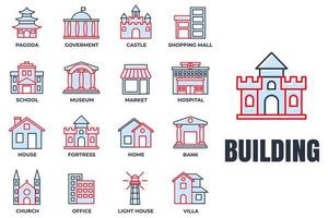 conjunto de construção de ilustração em vetor ícone logotipo. banco, shopping, castelo, fortaleza, hospital, casa e mais modelo de símbolo de pacote para coleção de design gráfico e web