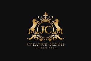 crista dourada retro jc inicial com círculo e dois cavalos, modelo de crachá com pergaminhos e coroa real - perfeito para projetos de marca luxuosos vetor