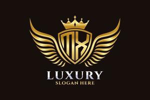 luxo royal wing letter mx crest gold color logo vector, logotipo da vitória, logotipo da crista, logotipo da asa, modelo de logotipo vetorial. vetor