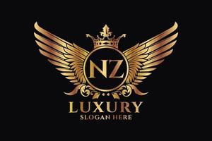 luxo royal wing letter nz crest gold color logo vector, logotipo da vitória, logotipo da crista, logotipo da asa, modelo de logotipo vetorial. vetor