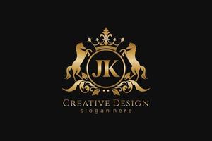 crista dourada retro jk inicial com círculo e dois cavalos, modelo de crachá com pergaminhos e coroa real - perfeito para projetos de marca luxuosos vetor