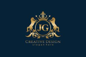 crista dourada retro jg inicial com círculo e dois cavalos, modelo de crachá com pergaminhos e coroa real - perfeito para projetos de marca luxuosos vetor