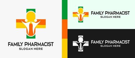 modelo de design de logotipo de farmácia com conceito de elemento de pílula e ícone de pessoa em uma cruz ou sinal de adição. vetor de ilustração de logotipo premium