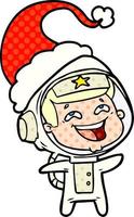 ilustração de estilo de quadrinhos de um astronauta rindo usando chapéu de papai noel vetor