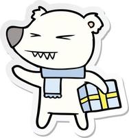 adesivo de um urso polar bravo de desenho animado com presente de natal vetor