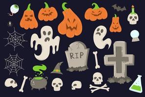 conjunto de objetos assustadores de feriado de halloween simbólico. abóboras, fantasmas, caveiras, ossos, caldeirão, lápides, morcego, aranha, globo ocular, teia, bola de cristal, poção, chapéu, vela vetor