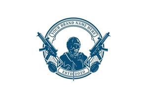 soldado da marinha da força do exército de elite com submetralhadora e granada para vetor de design de logotipo de etiqueta de emblema de emblema militar