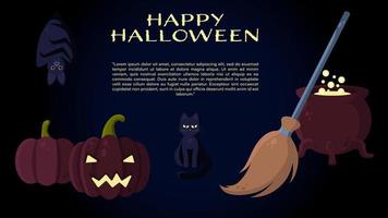 banner vetorial de halloween com jack o'lantern, caldeirão, vassoura, gato, morcego e abóbora. perfeito para sites, materiais impressos, mídias sociais, etc. vetor