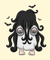 menina assustadora desenhos animados horror halloween cabelo preto vetor