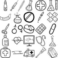 conjunto de contorno de arte de linha de doodle desenhado à mão de medicina vetor