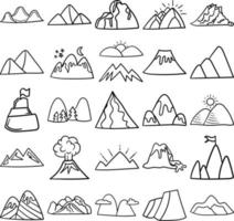 conjunto de contorno de arte de linha de doodle desenhado à mão de montanhas vetor