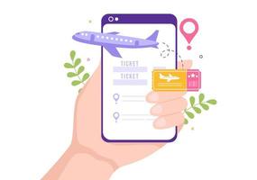 aplicativo de serviço de reserva on-line de viagem de bilhete no modelo de smartphone ilustração plana de desenho animado desenhado à mão para planejamento de viagem vetor