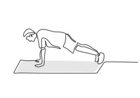 uma única linha contínua do homem faz push up para o tema do esporte isolado no fundo branco. vetor