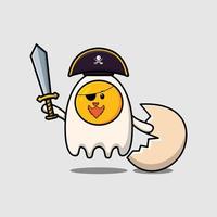 pirata de ovo bonito dos desenhos animados com chapéu e segurando a espada vetor