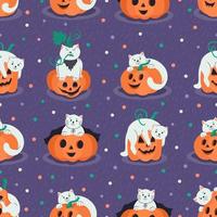 padrões sem emenda de halloween com gatos bonitos e abóboras jack o lanternas em fundo roxo. mão desenhada ilustração plana. vetor