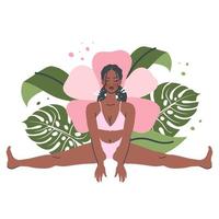 mulher bonita ioga isolada no fundo da natureza. jovem negra em alongamentos de pose de ioga. prática de meditação e respiração. ilustração vetorial plana de desenho animado para estilo de vida saudável, esporte vetor