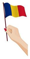 mão feminina segura suavemente a pequena bandeira da Romênia. elemento de design de férias. vetor de desenho animado em fundo branco