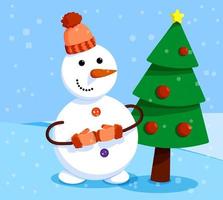boneco de neve alegre fica na frente da árvore elegante do ano novo. paisagem de inverno e boneco de neve. reunião de natal e ano novo. diversão de inverno. vetor de desenho animado