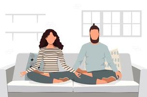 família jovem relaxada sentada em um sofá, fazendo ioga juntos, cara e garota relaxando no sofá, meditando, liberando emoções negativas no fim de semana em casa vetor